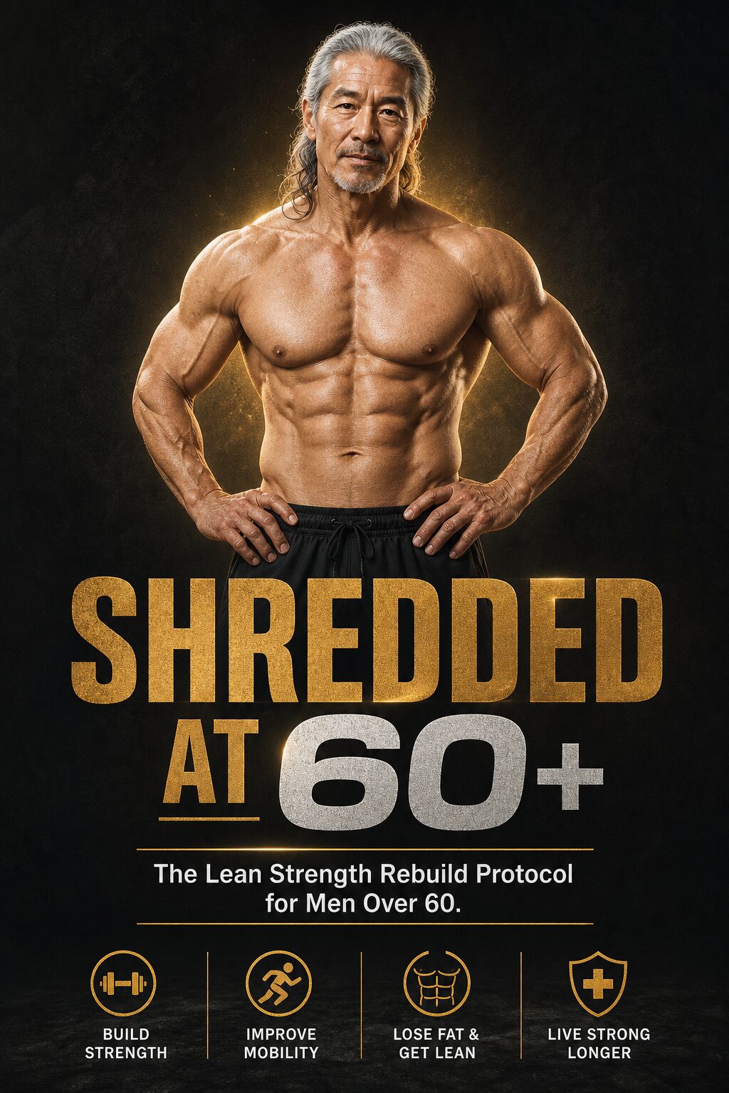 Shredded at 60+ program cover featuring a fit older coach